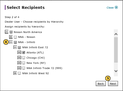 Select dealer recipients by hierarchy, step 2 of 4.